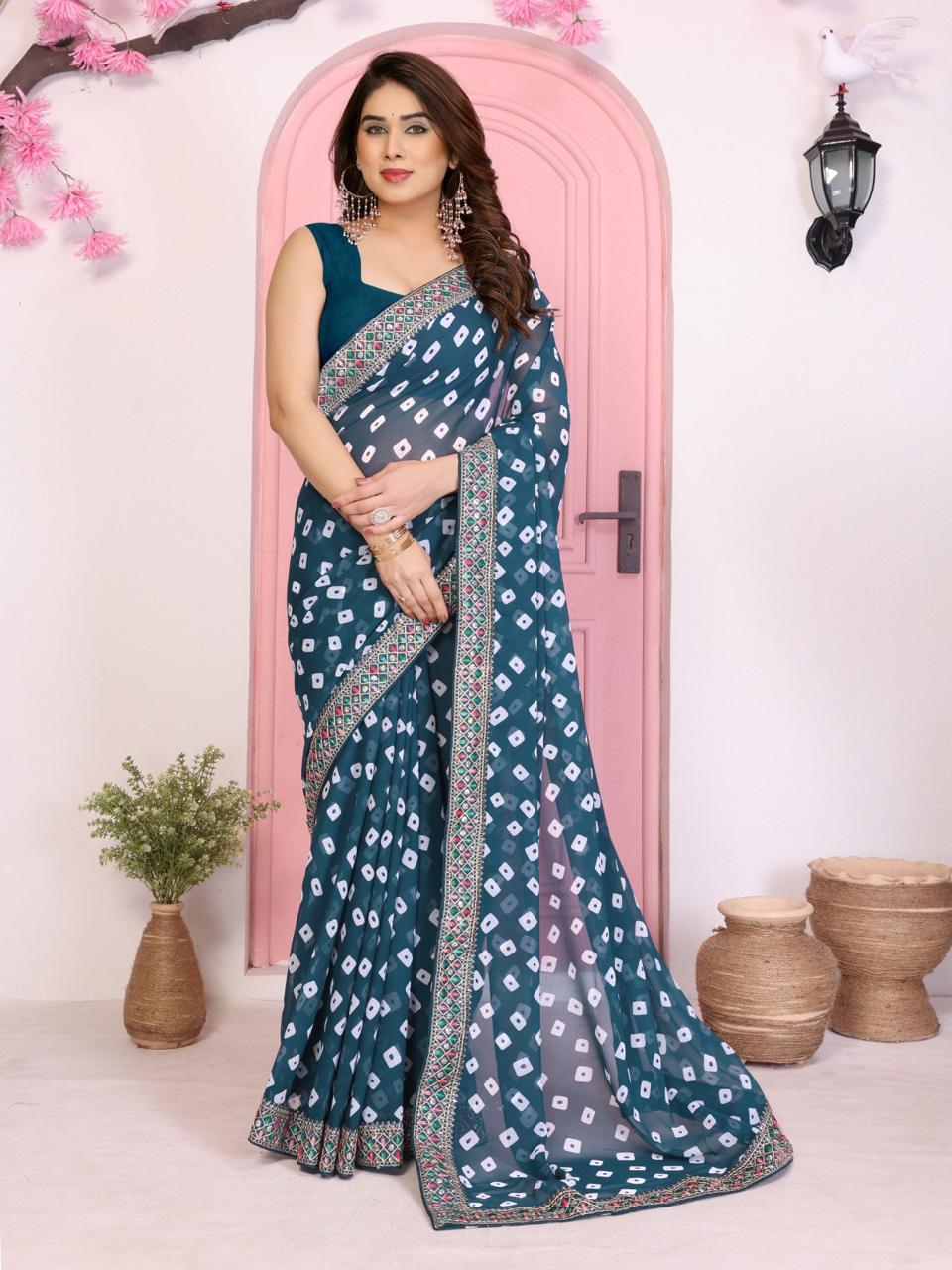 Bandhej Georgette Saree with Embroidered Lace Border and Designer Blouse