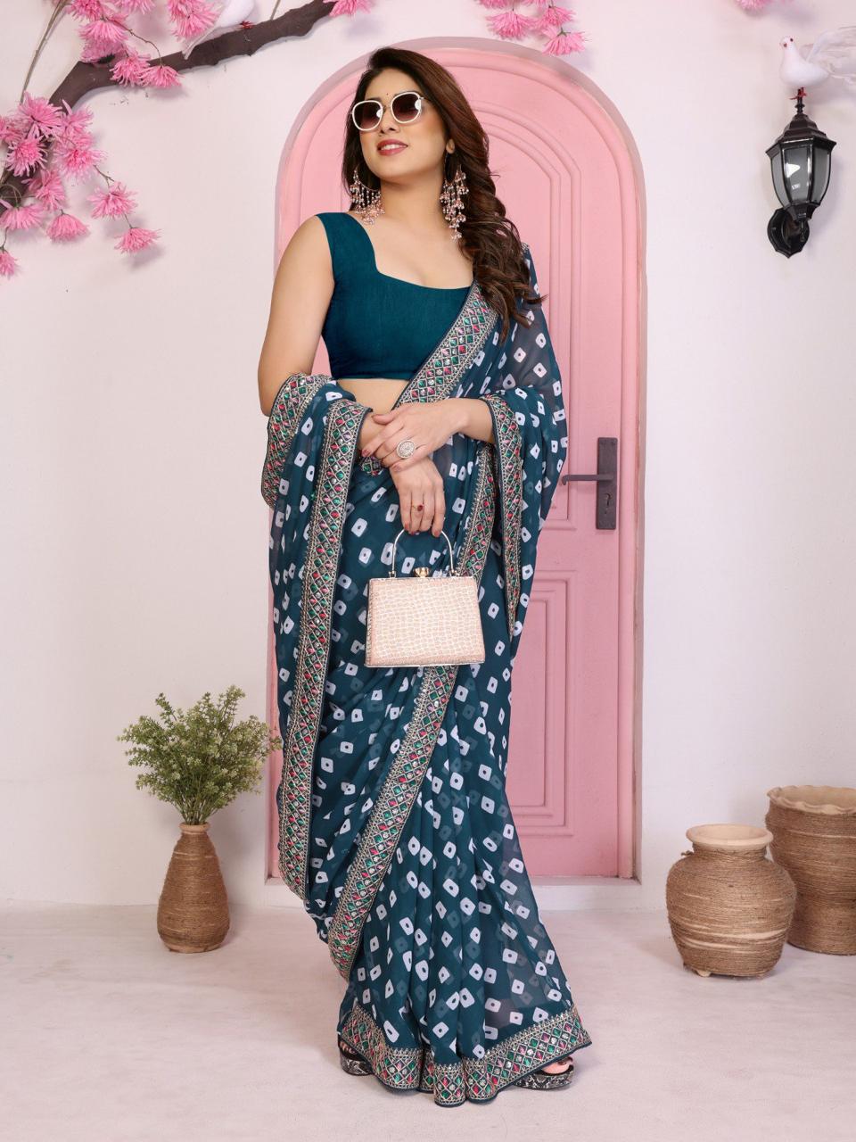 Bandhej Georgette Saree with Embroidered Lace Border and Designer Blouse