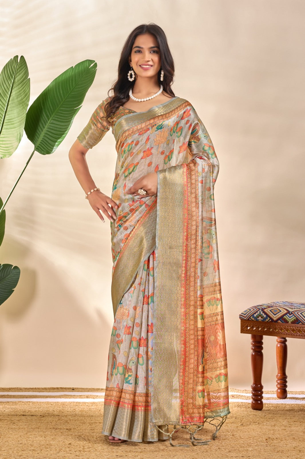 Golden Beige Soft Silk Saree with Zari Border and Lotus Peacock Print