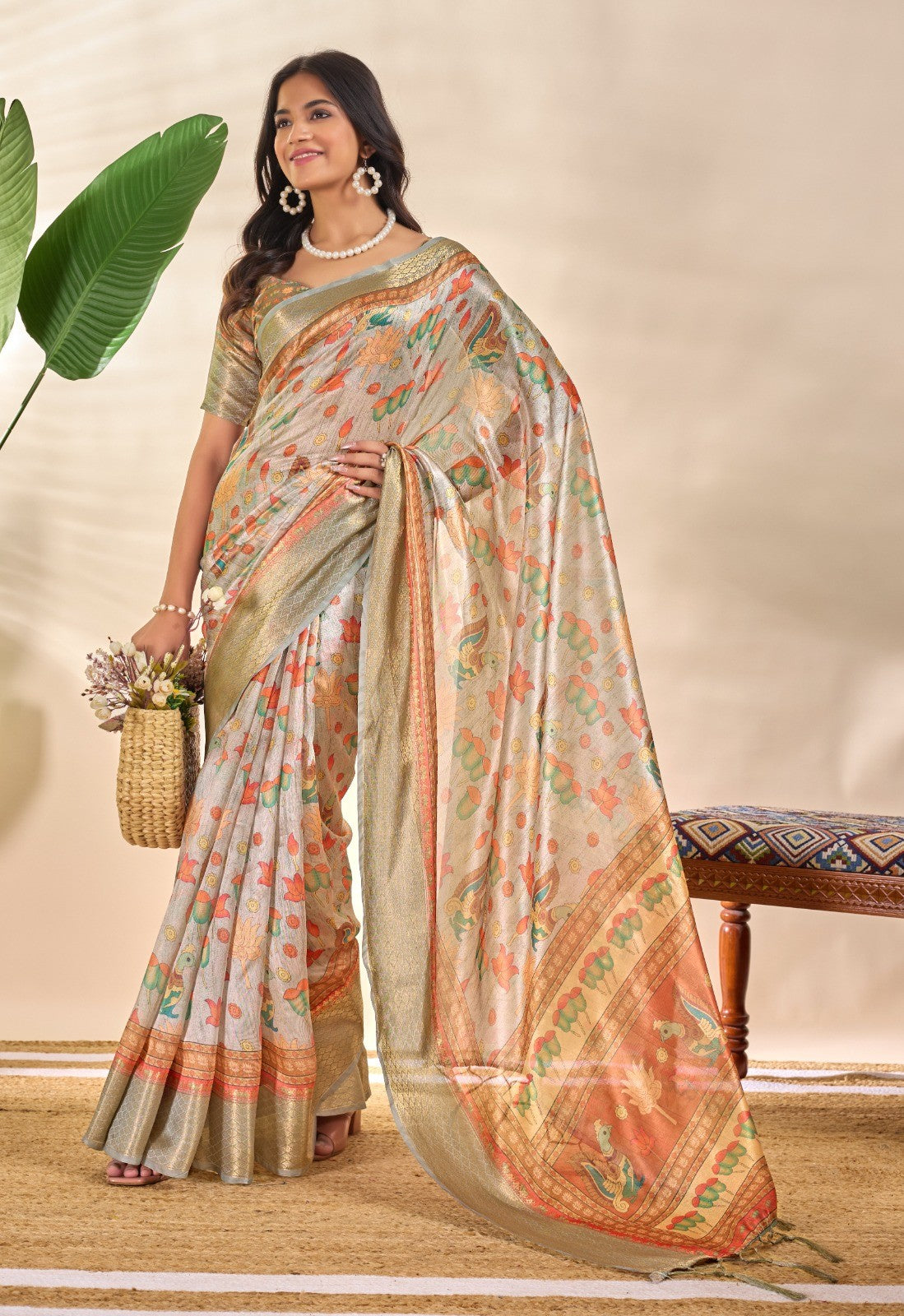 Golden Beige Soft Silk Saree with Zari Border and Lotus Peacock Print