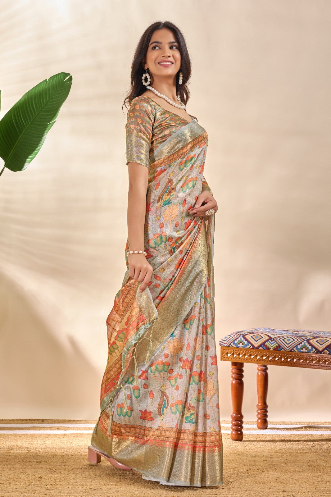 Golden Beige Soft Silk Saree with Zari Border and Lotus Peacock Print