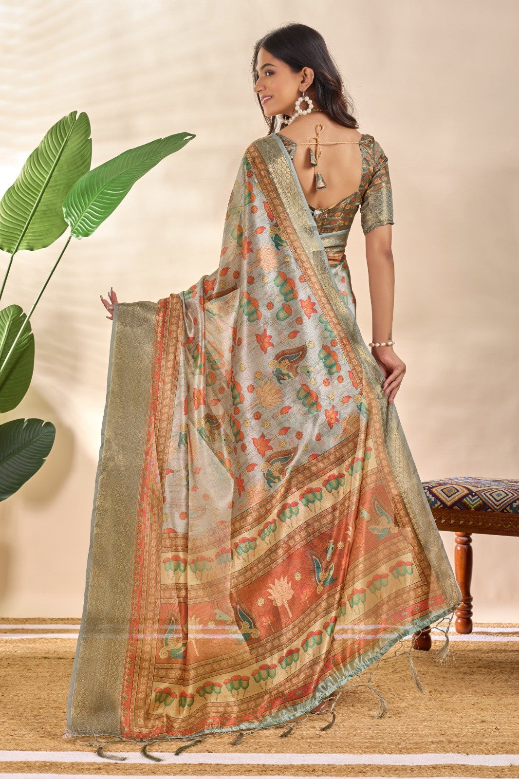 Golden Beige Soft Silk Saree with Zari Border and Lotus Peacock Print