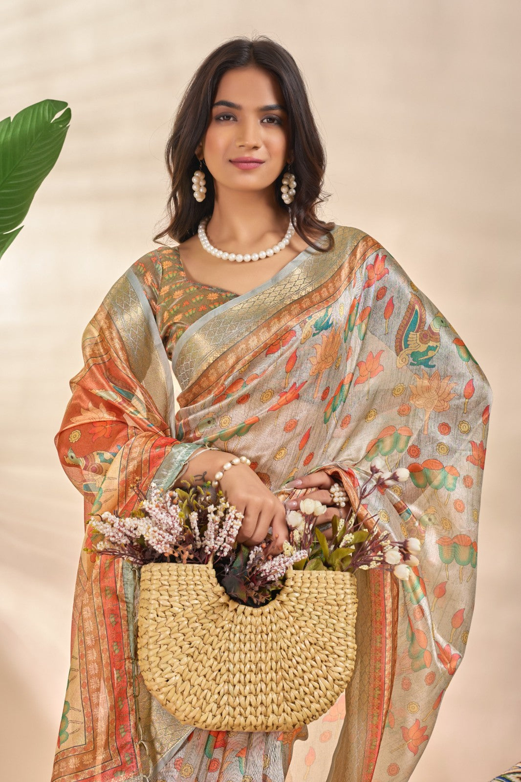 Golden Beige Soft Silk Saree with Zari Border and Lotus Peacock Print