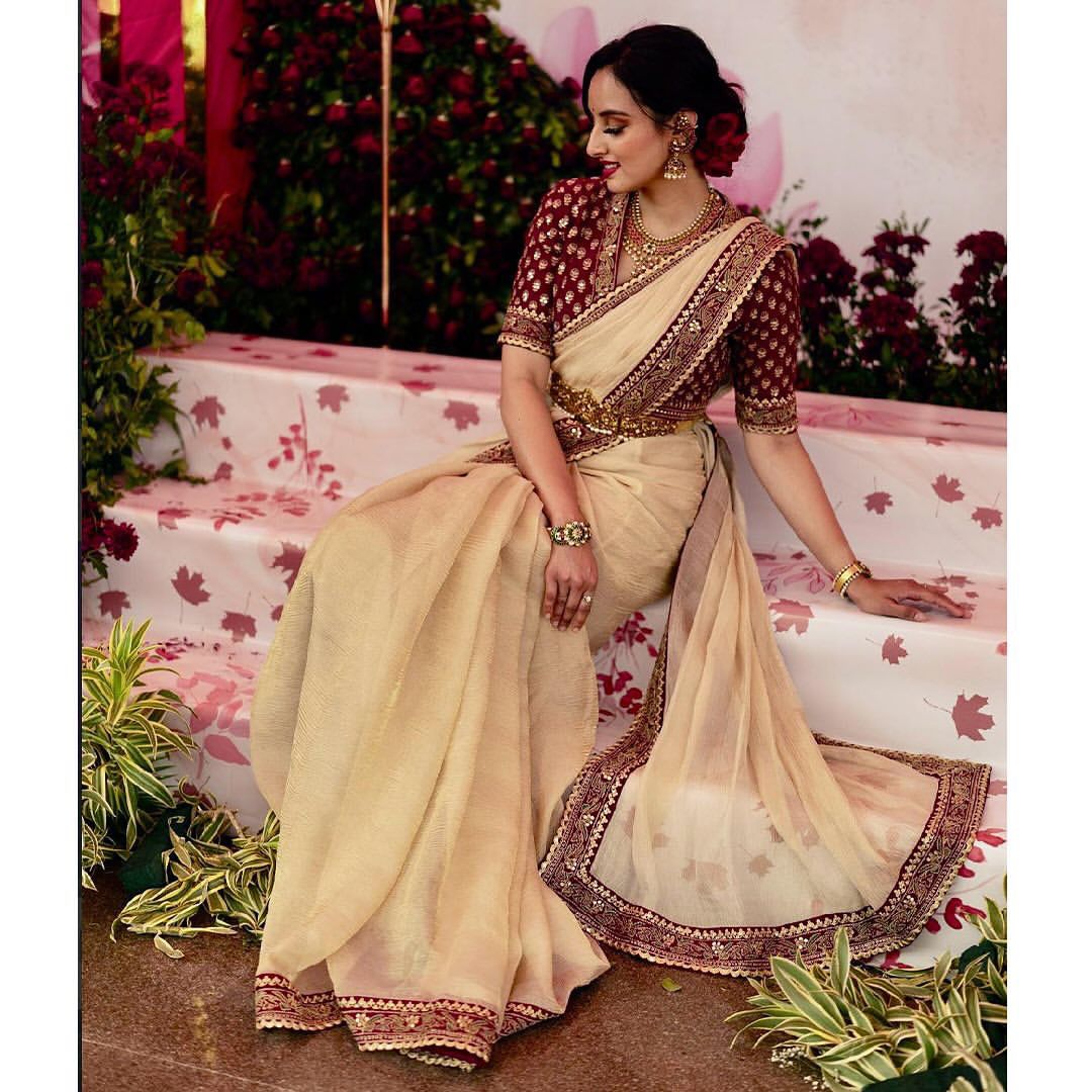 Champagne Gold Twill Saree with Rich Red Embroidered Blouse