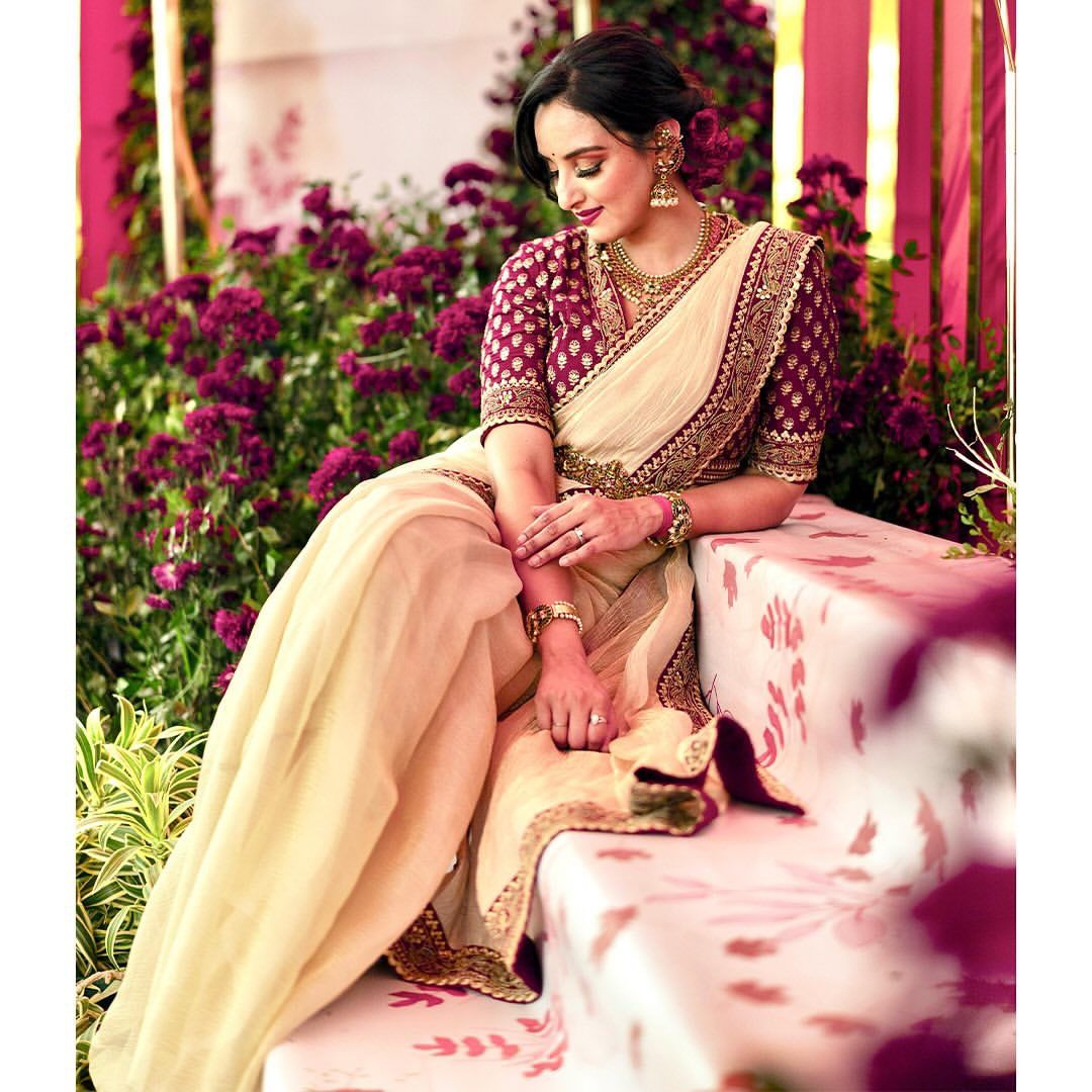 Champagne Gold Twill Saree with Rich Red Embroidered Blouse