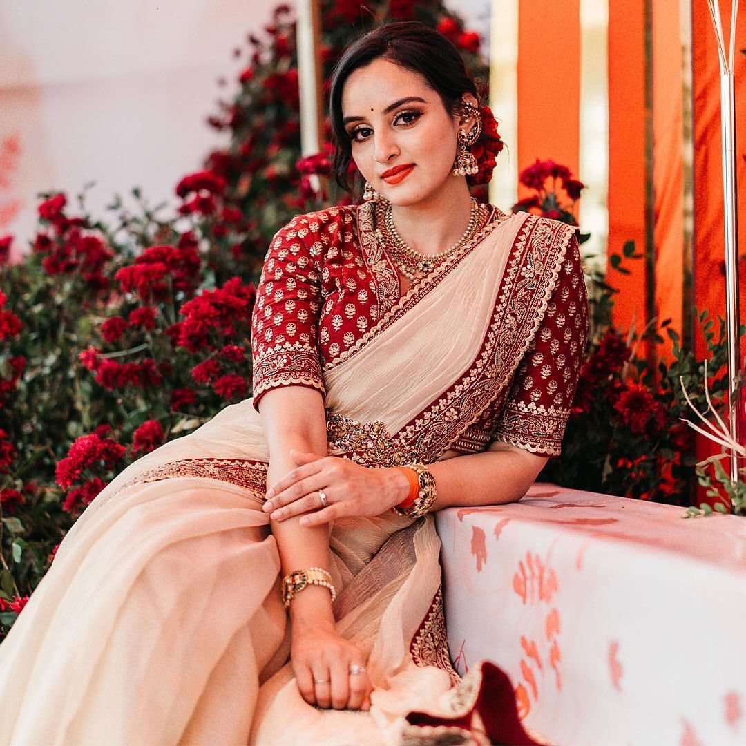 Champagne Gold Twill Saree with Rich Red Embroidered Blouse