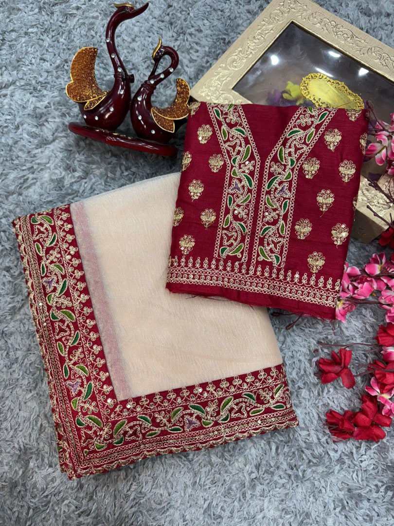 Champagne Gold Twill Saree with Rich Red Embroidered Blouse