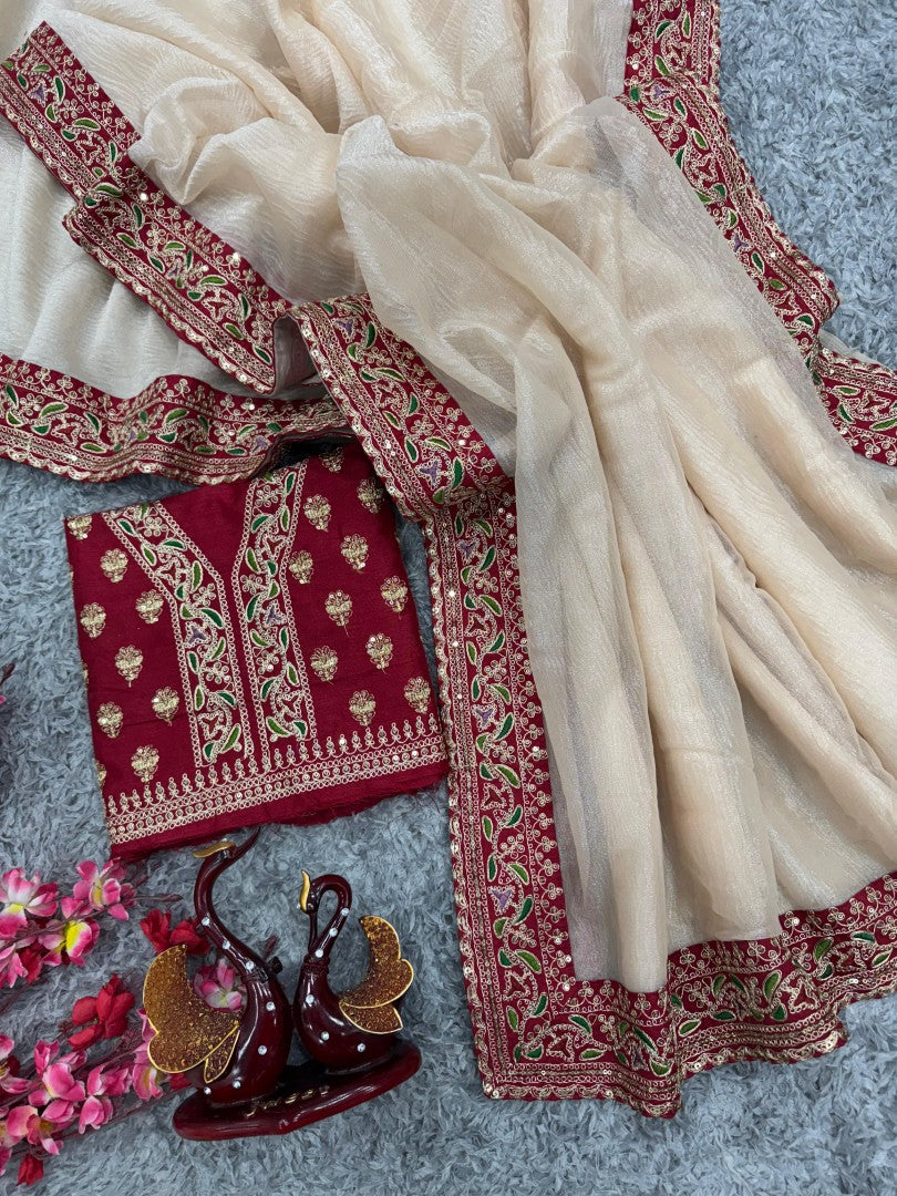 Champagne Gold Twill Saree with Rich Red Embroidered Blouse