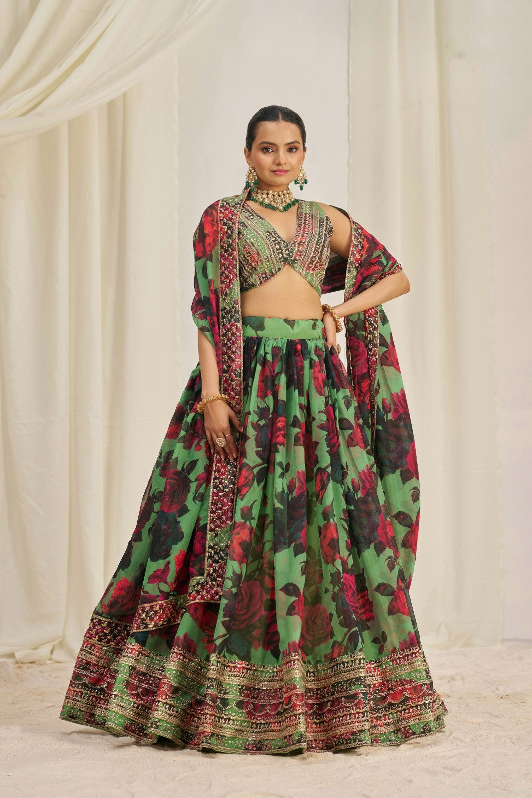 Elegant Green Floral Organza Lehenga Set Semi-Stitched Perfect for Weddings and Festive Events