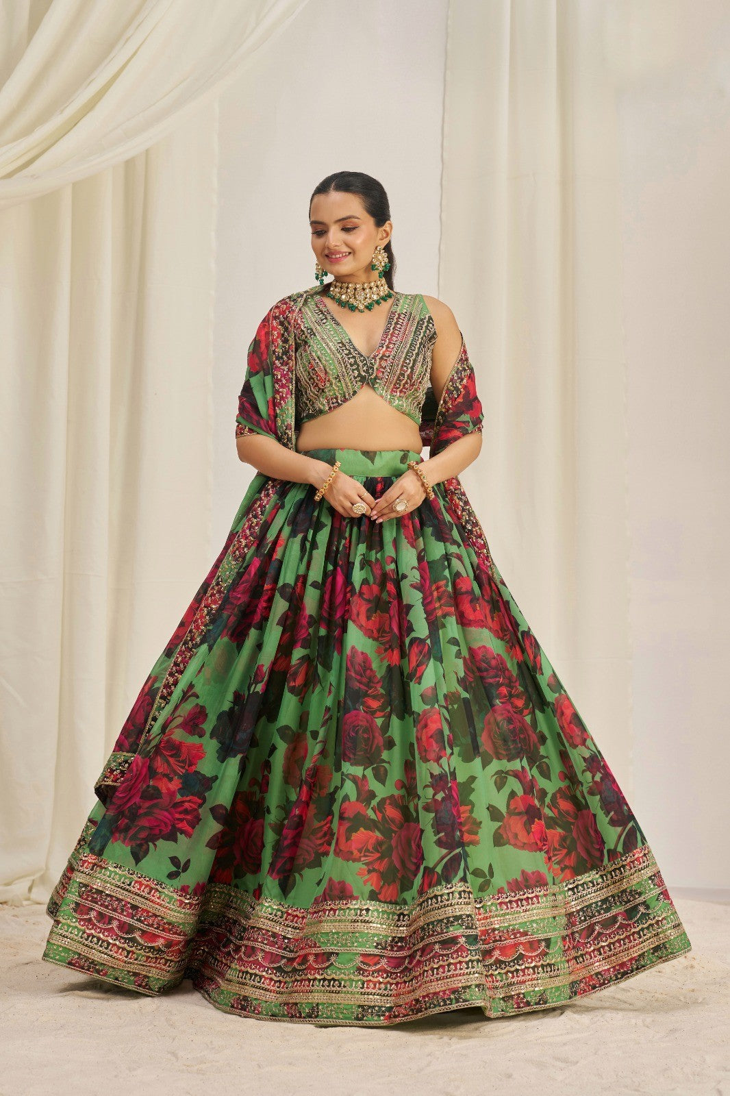 Elegant Green Floral Organza Lehenga Set Semi-Stitched Perfect for Weddings and Festive Events