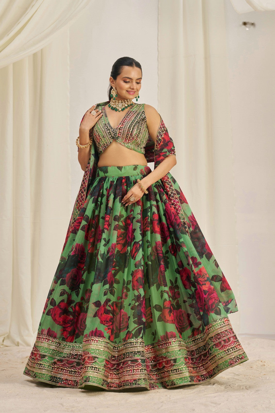 Elegant Green Floral Organza Lehenga Set Semi-Stitched Perfect for Weddings and Festive Events