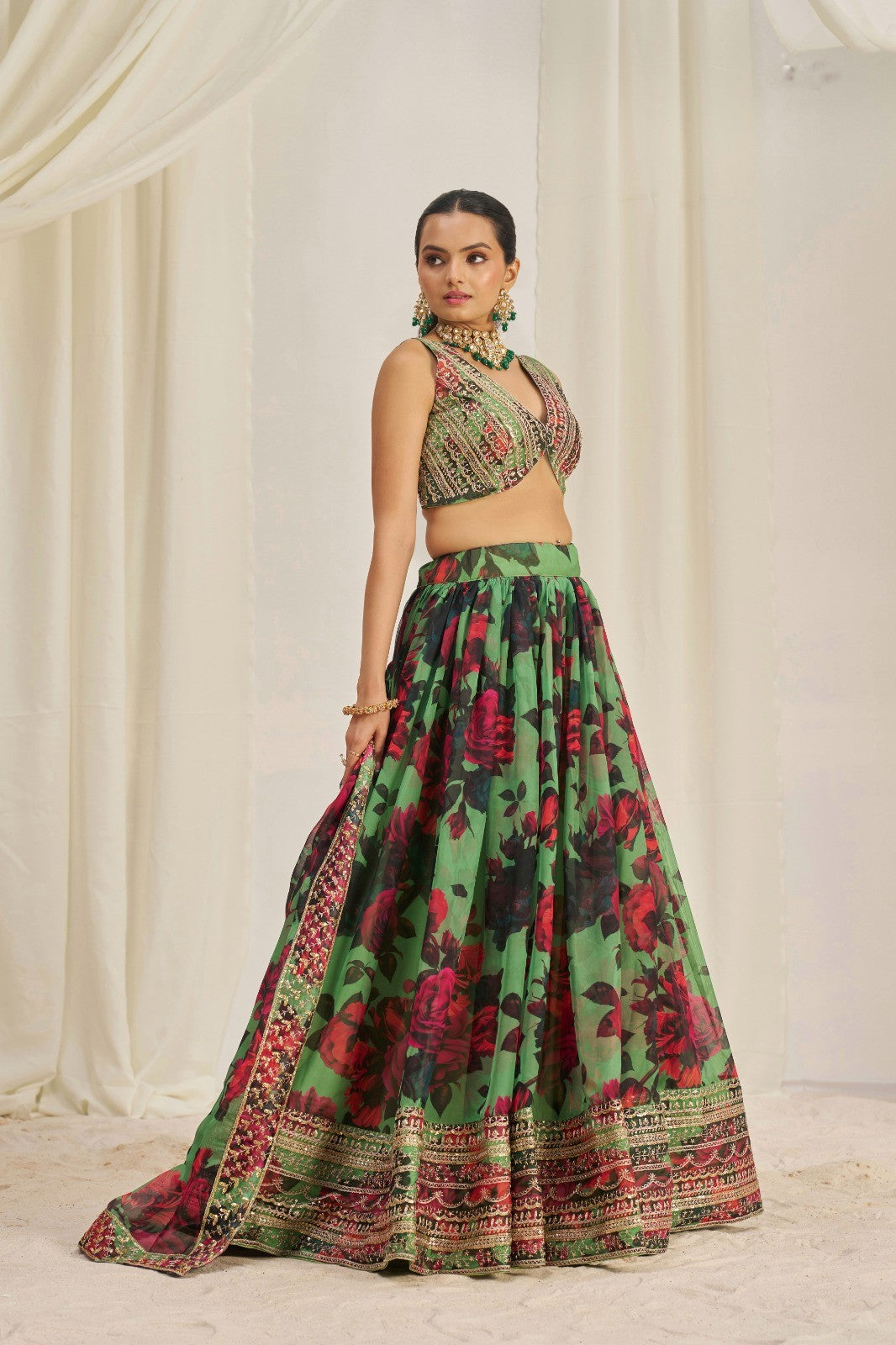 Elegant Green Floral Organza Lehenga Set Semi-Stitched Perfect for Weddings and Festive Events