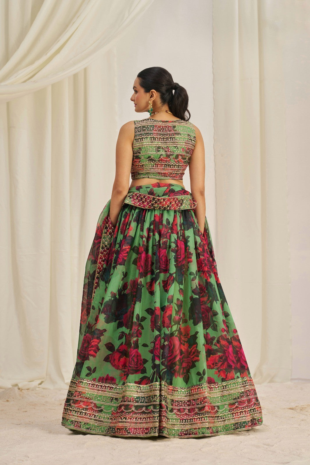 Elegant Green Floral Organza Lehenga Set Semi-Stitched Perfect for Weddings and Festive Events