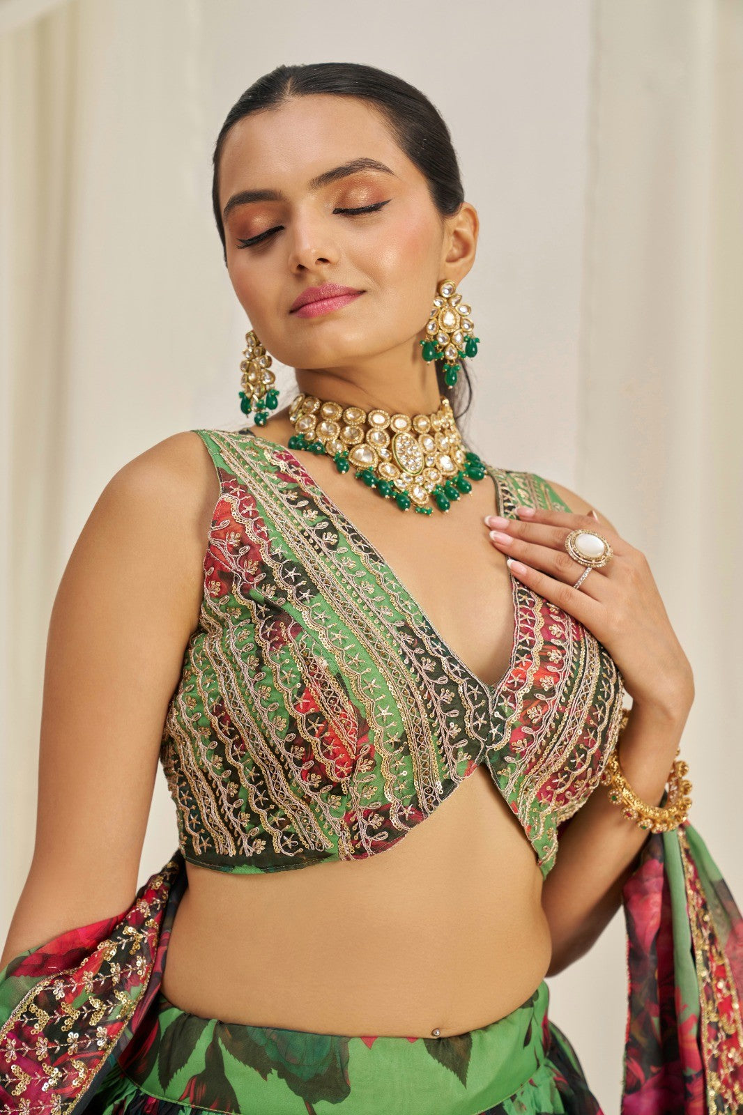 Elegant Green Floral Organza Lehenga Set Semi-Stitched Perfect for Weddings and Festive Events