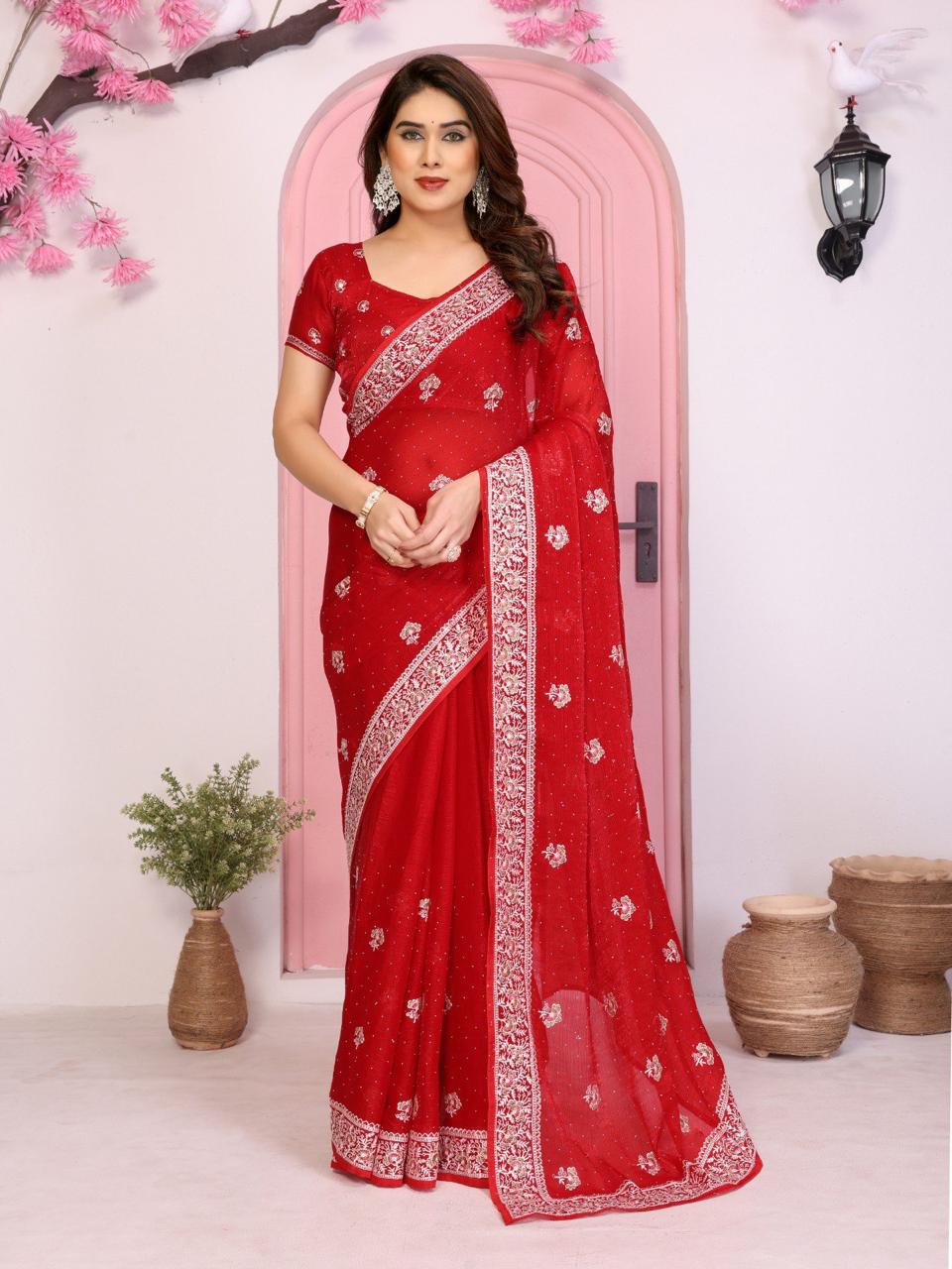 Party Wear Fendy Chiffon Silk Saree with Embroidery and Piping Border