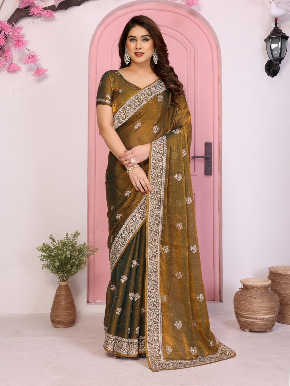 Party Wear Fendy Chiffon Silk Saree with Embroidery and Piping Border