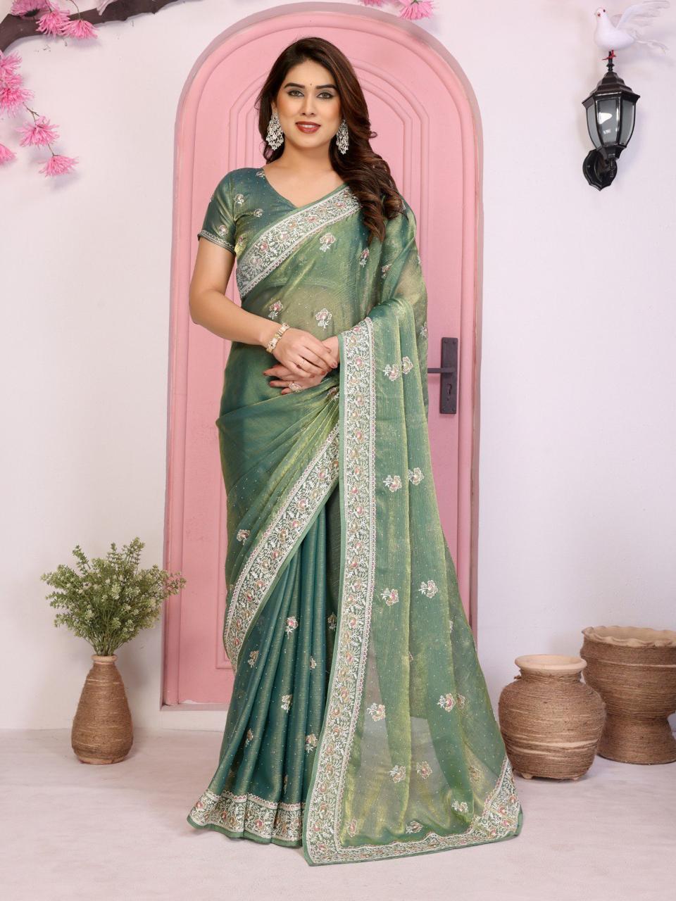 Party Wear Fendy Chiffon Silk Saree with Embroidery and Piping Border