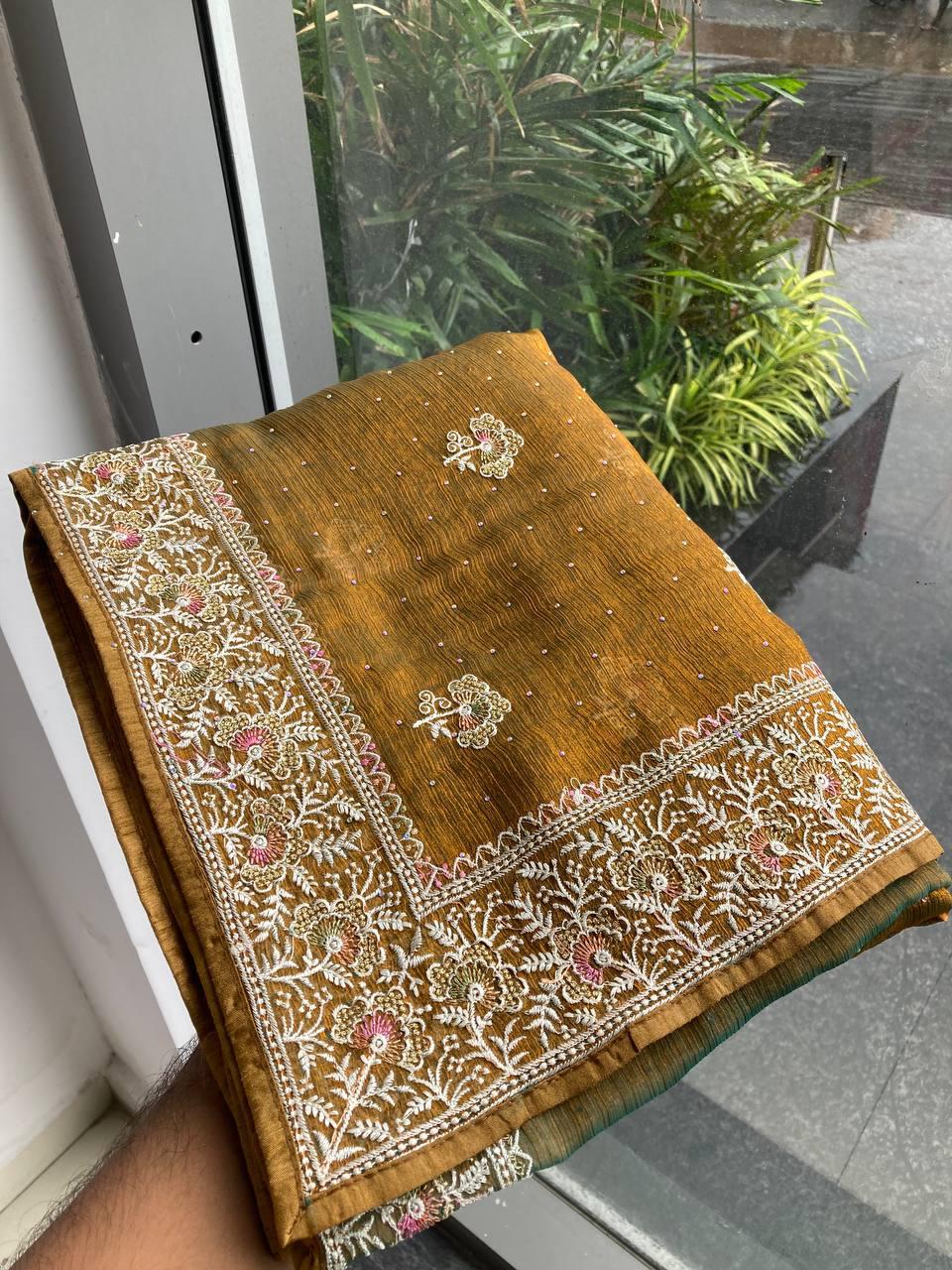 Party Wear Fendy Chiffon Silk Saree with Embroidery and Piping Border