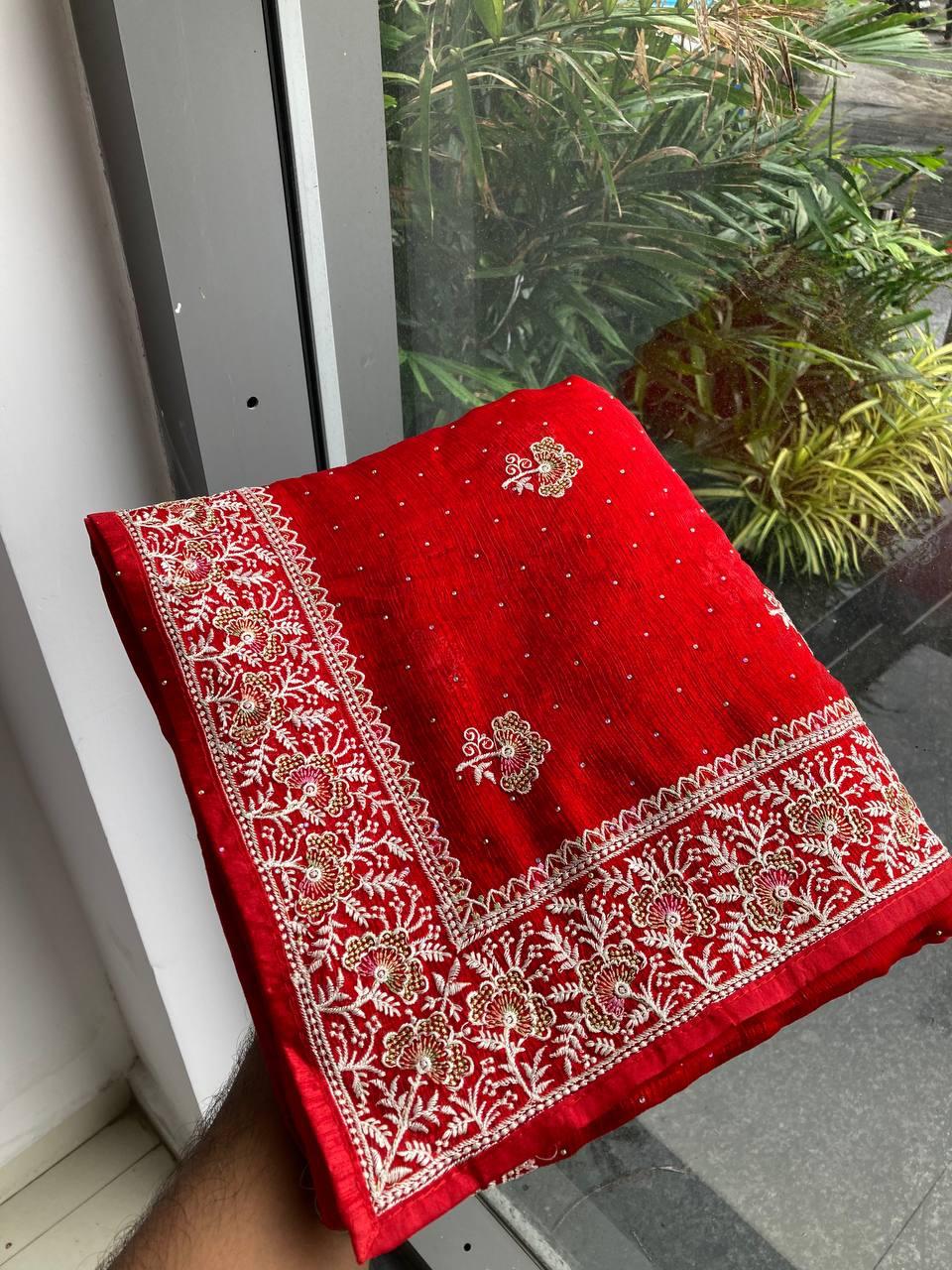 Party Wear Fendy Chiffon Silk Saree with Embroidery and Piping Border