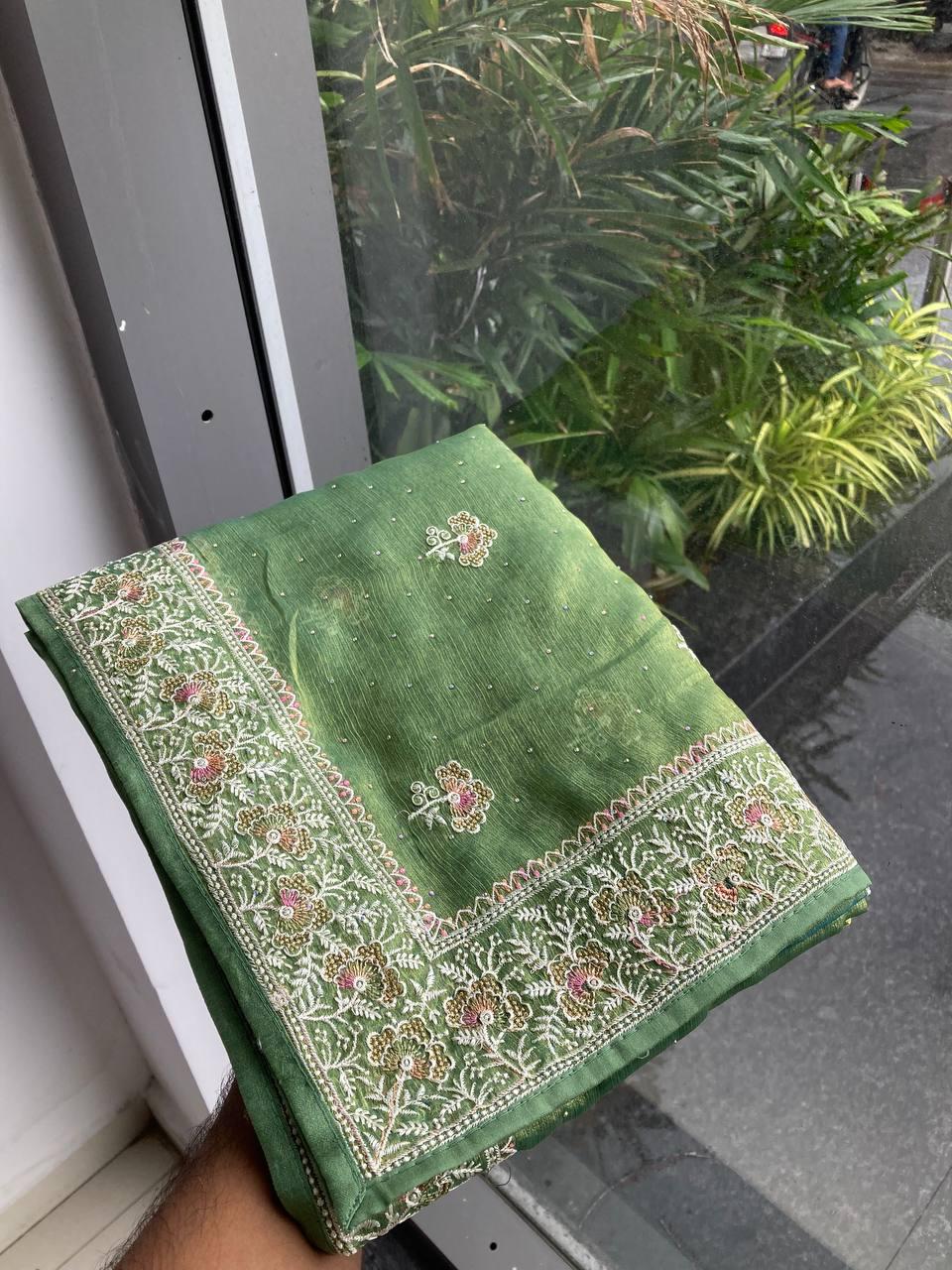 Party Wear Fendy Chiffon Silk Saree with Embroidery and Piping Border