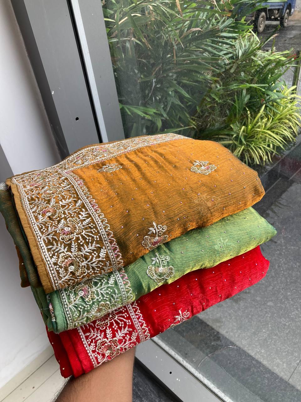 Party Wear Fendy Chiffon Silk Saree with Embroidery and Piping Border