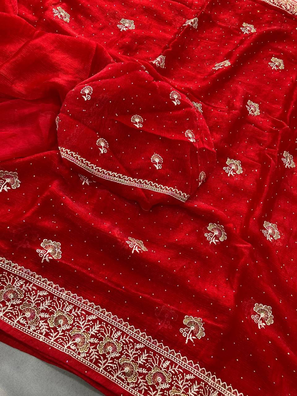 Party Wear Fendy Chiffon Silk Saree with Embroidery and Piping Border