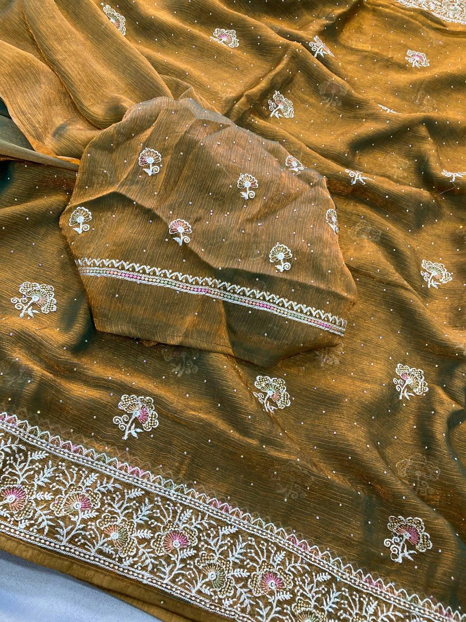 Party Wear Fendy Chiffon Silk Saree with Embroidery and Piping Border