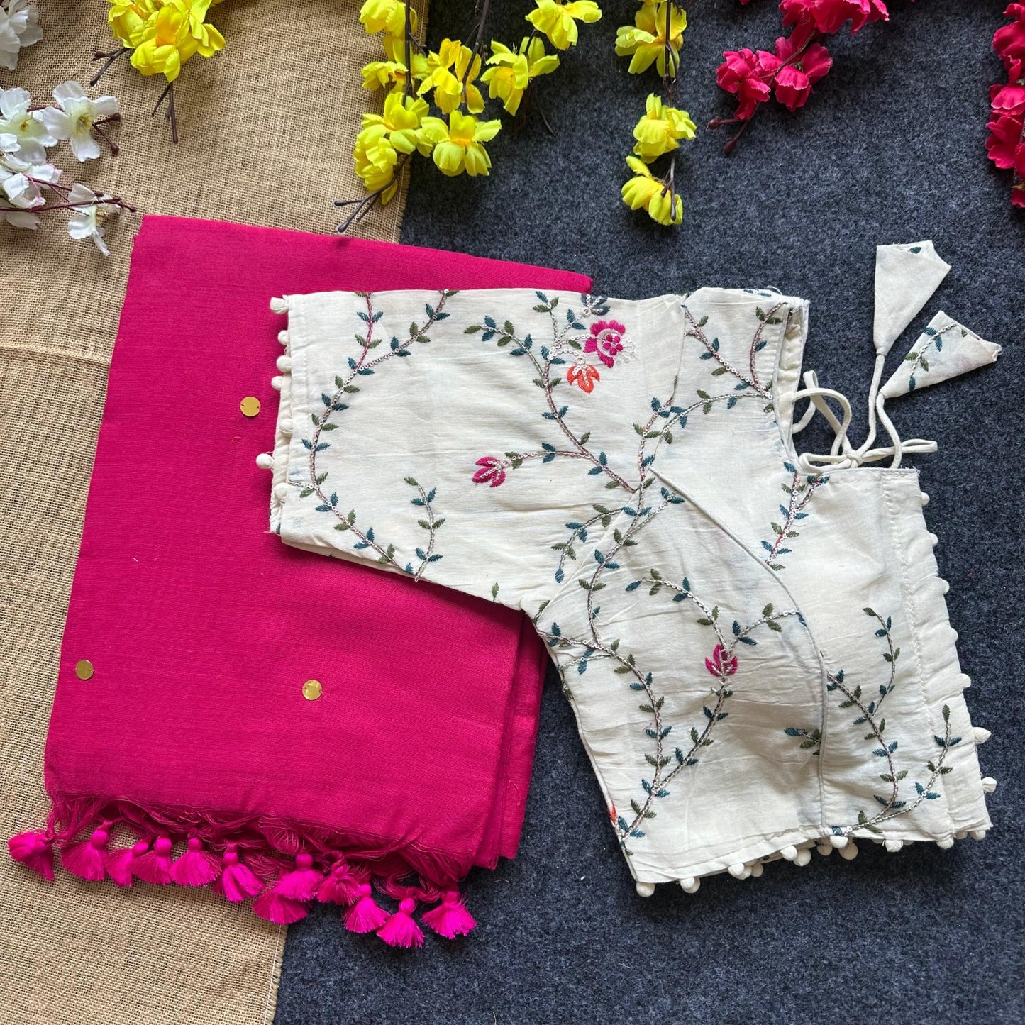 Pure Khadi Cotton saree with Readymade Embroidered Sequins Blouse