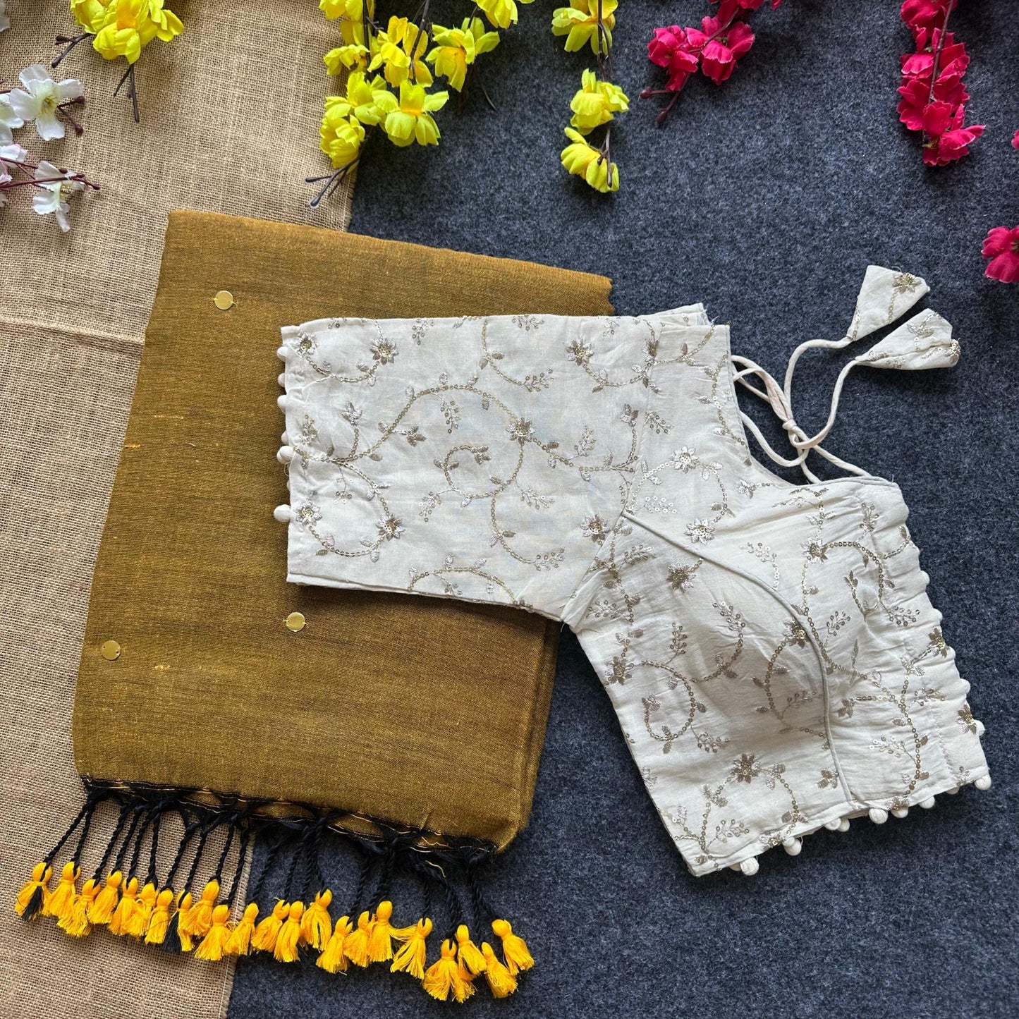 Pure Khadi Cotton saree with Readymade Embroidered Sequins Blouse