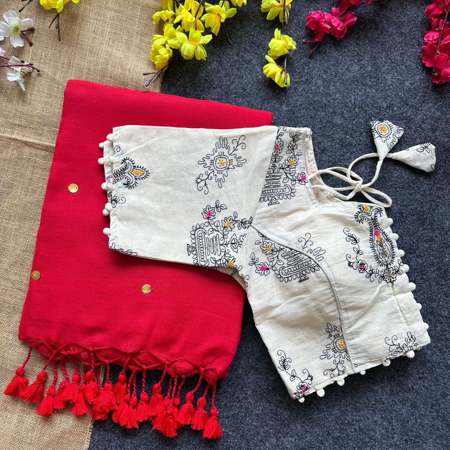 Pure Khadi Cotton saree with Readymade Embroidered Sequins Blouse