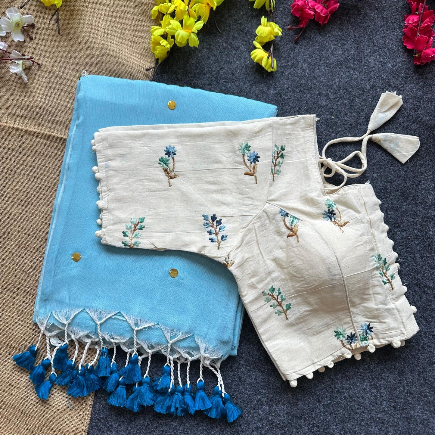 Pure Khadi Cotton saree with Readymade Embroidered Sequins Blouse
