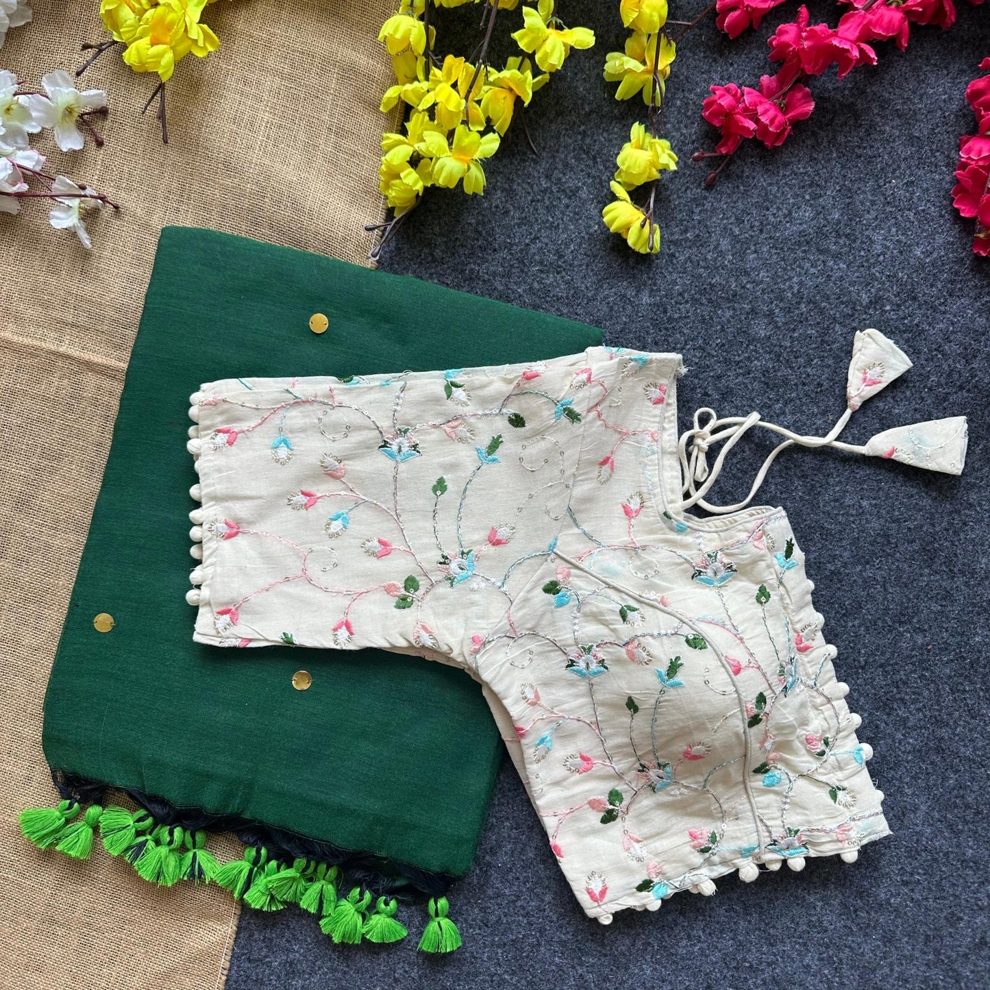 Pure Khadi Cotton saree with Readymade Embroidered Sequins Blouse