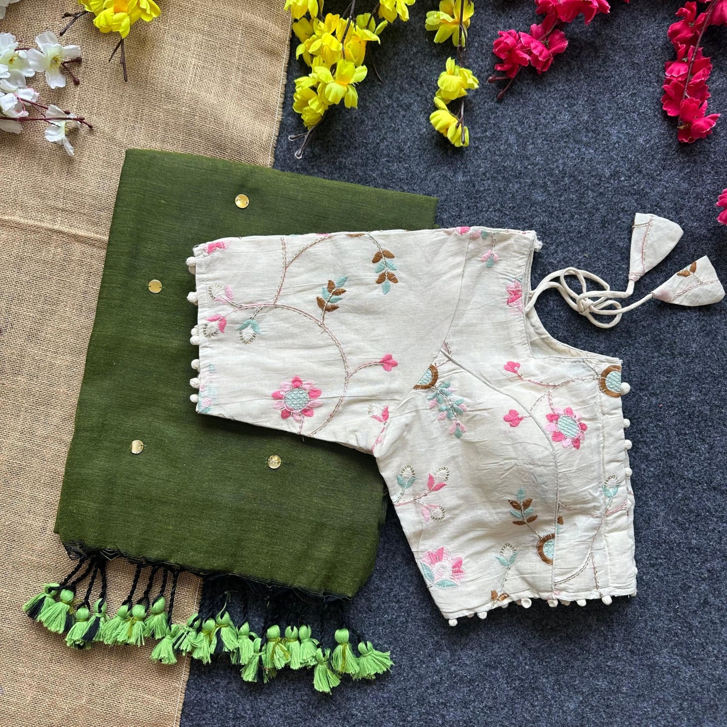 Pure Khadi Cotton saree with Readymade Embroidered Sequins Blouse