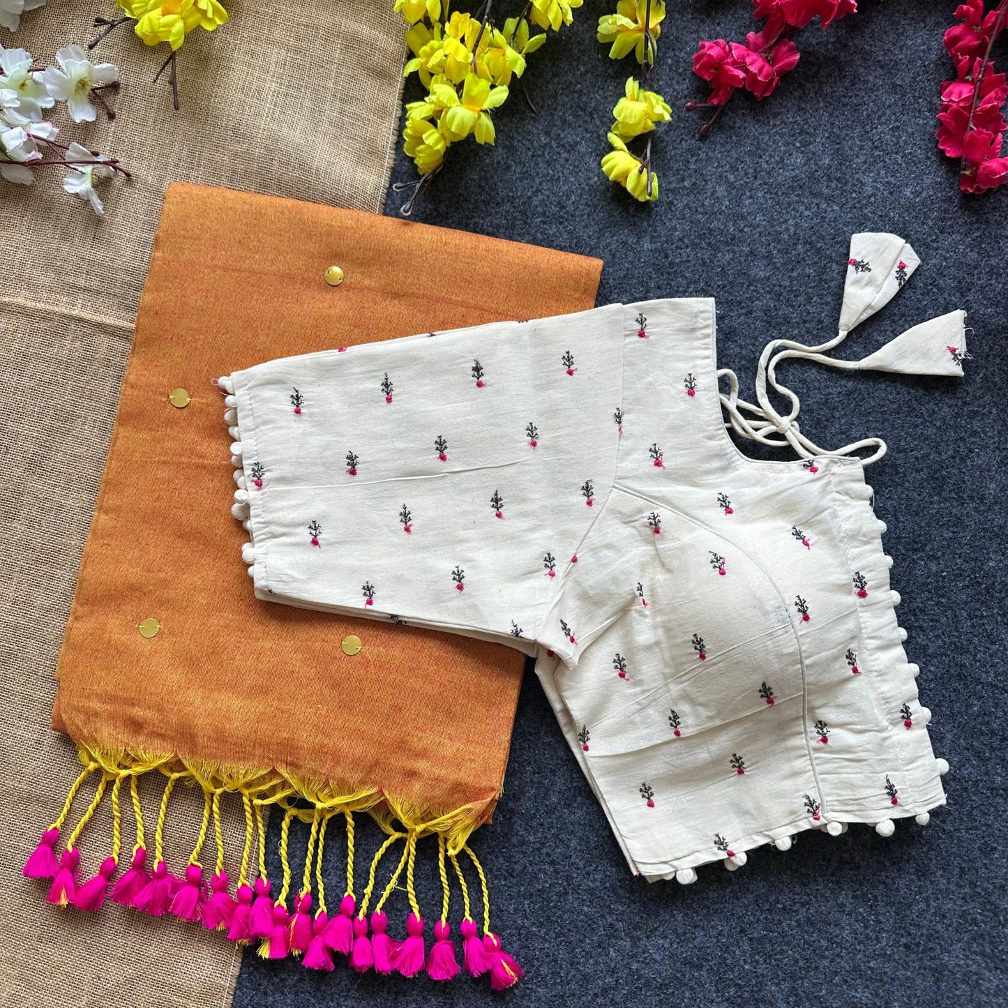 Pure Khadi Cotton saree with Readymade Embroidered Sequins Blouse