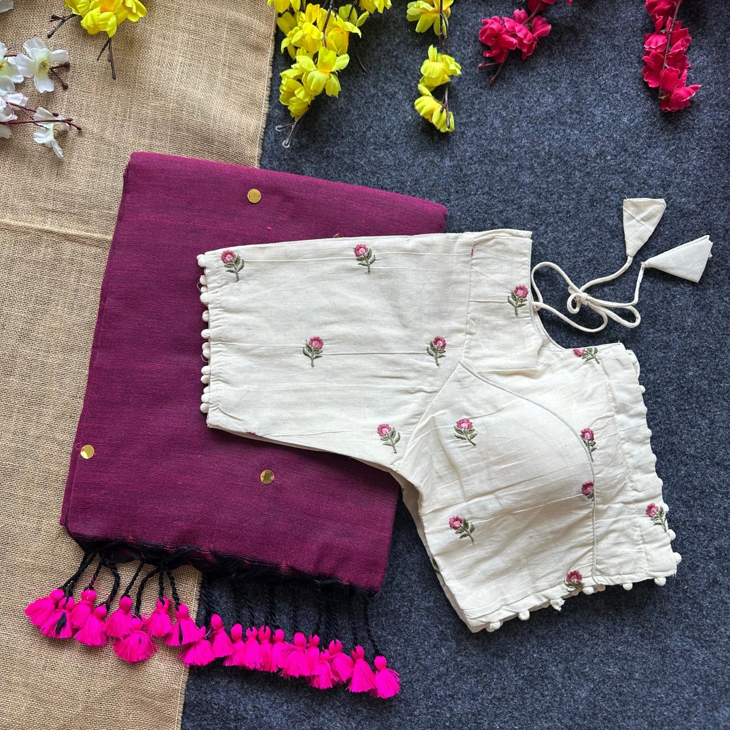 Pure Khadi Cotton saree with Readymade Embroidered Sequins Blouse