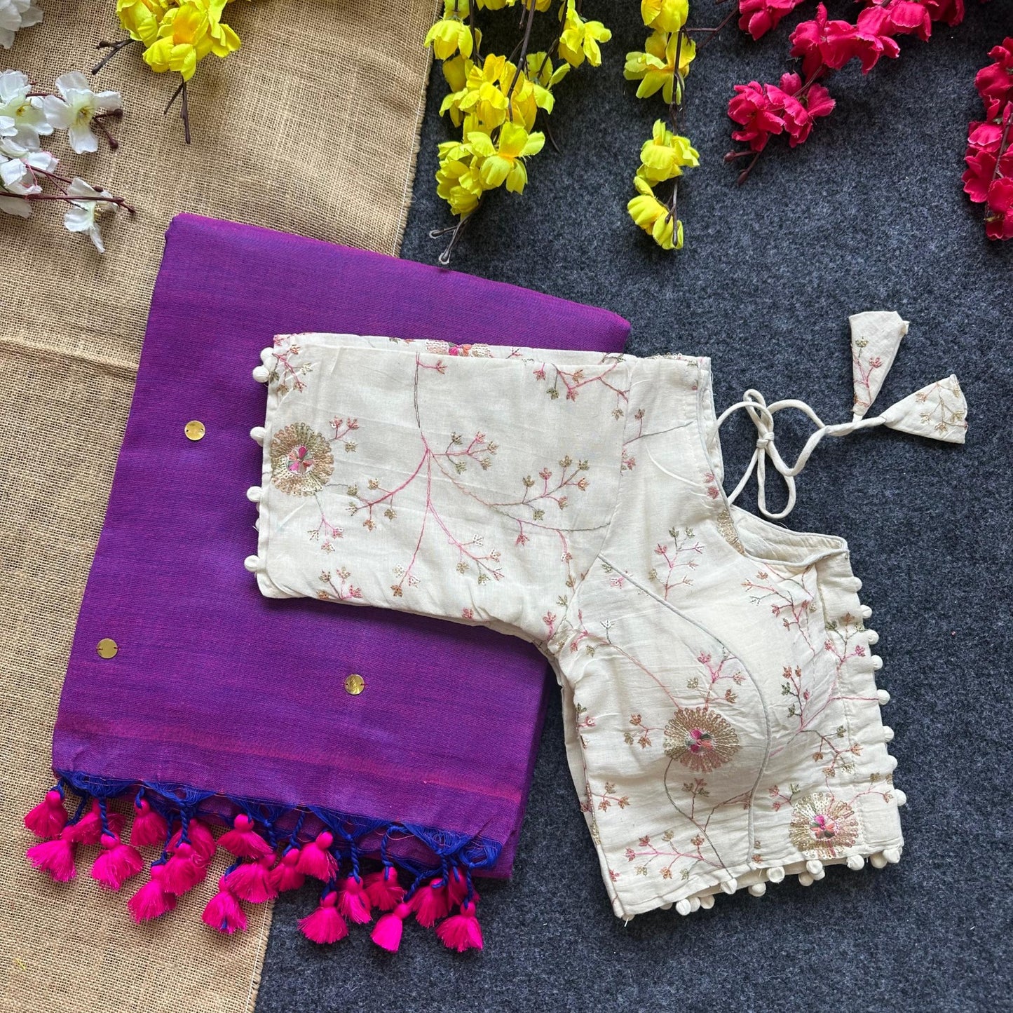 Pure Khadi Cotton saree with Readymade Embroidered Sequins Blouse