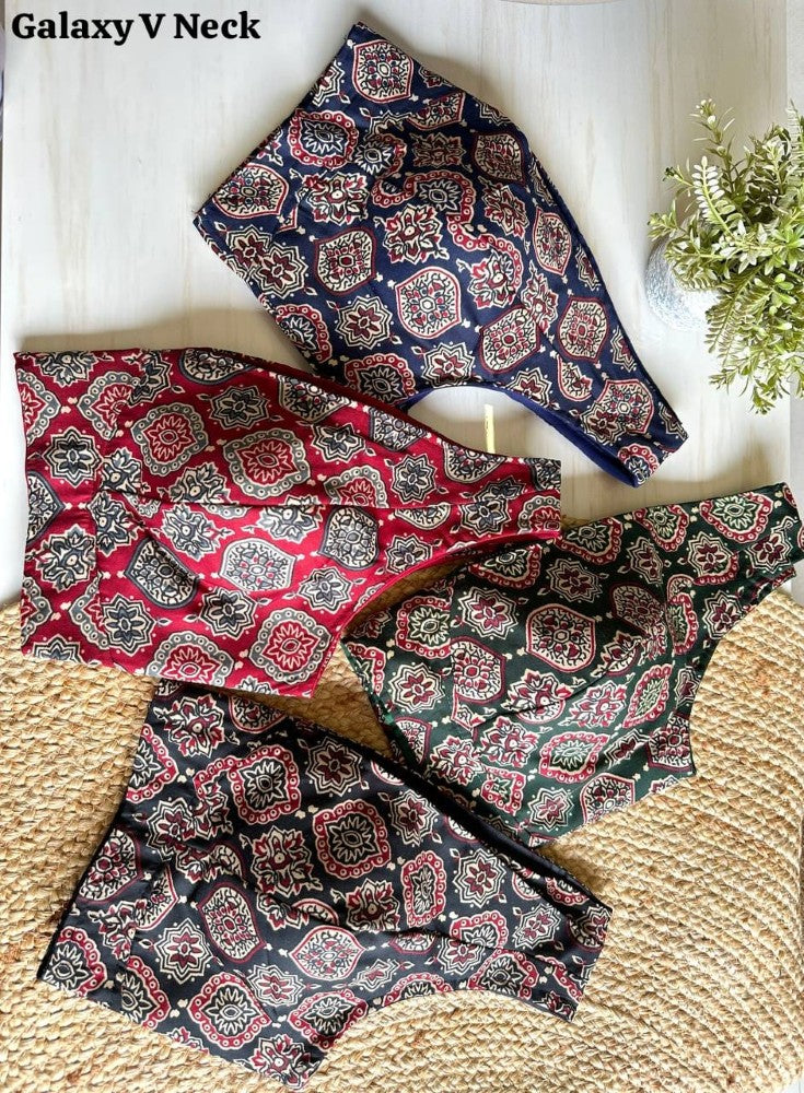 Black Ajrakh Print Readymade Cotton Blouse Sleeveless V-Neck Blouse for Sarees