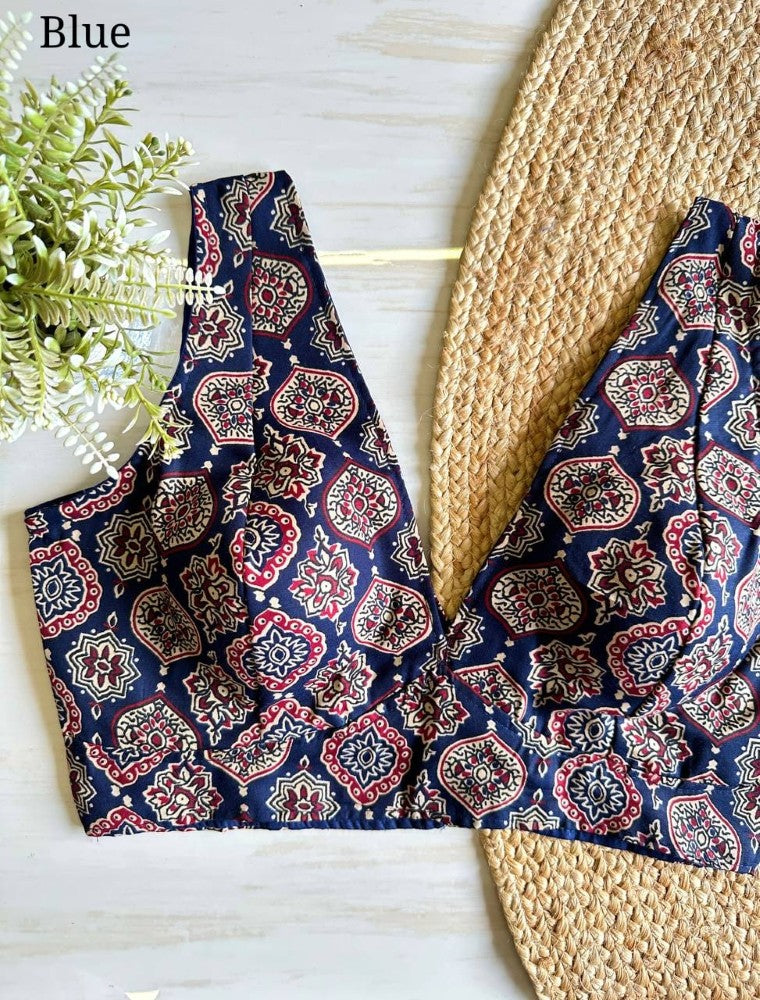 Black Ajrakh Print Readymade Cotton Blouse Sleeveless V-Neck Blouse for Sarees