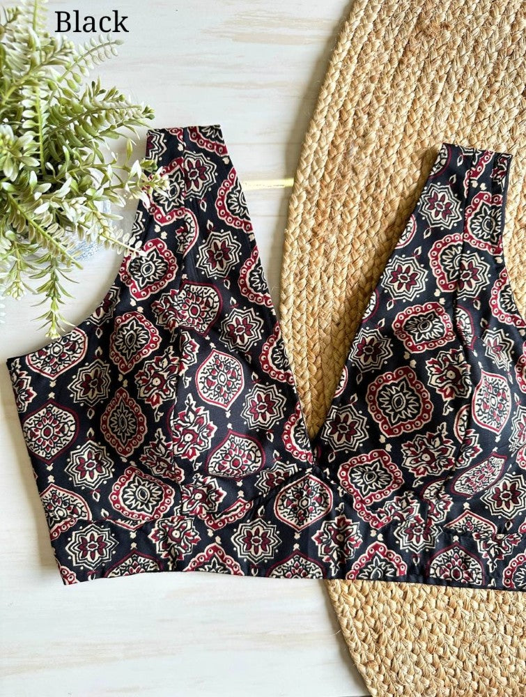 Black Ajrakh Print Readymade Cotton Blouse Sleeveless V-Neck Blouse for Sarees