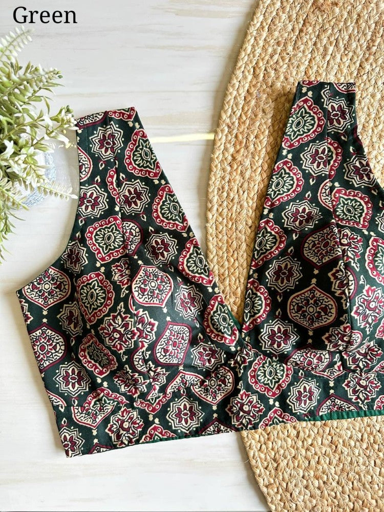 Black Ajrakh Print Readymade Cotton Blouse Sleeveless V-Neck Blouse for Sarees