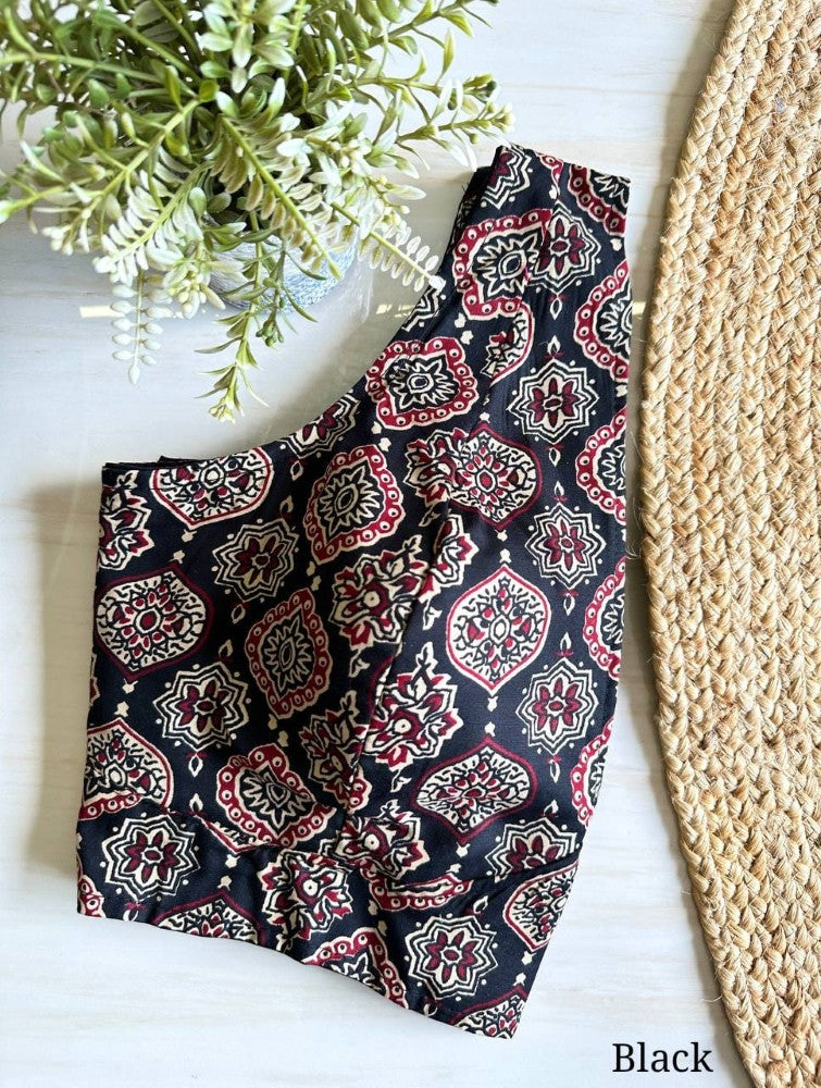 Black Ajrakh Print Readymade Cotton Blouse Sleeveless V-Neck Blouse for Sarees