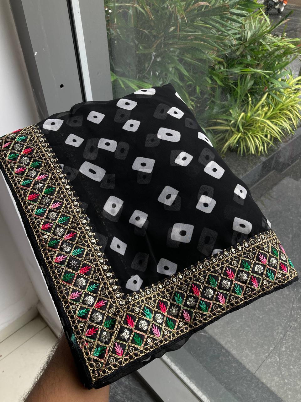 Bandhej Georgette Saree with Embroidered Lace Border and Designer Blouse