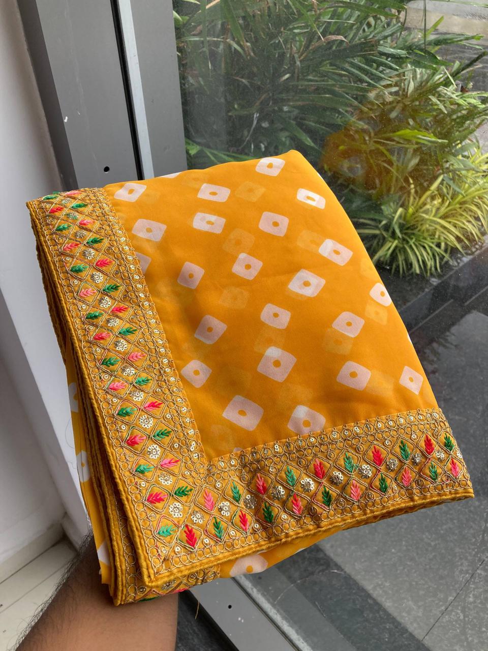 Bandhej Georgette Saree with Embroidered Lace Border and Designer Blouse