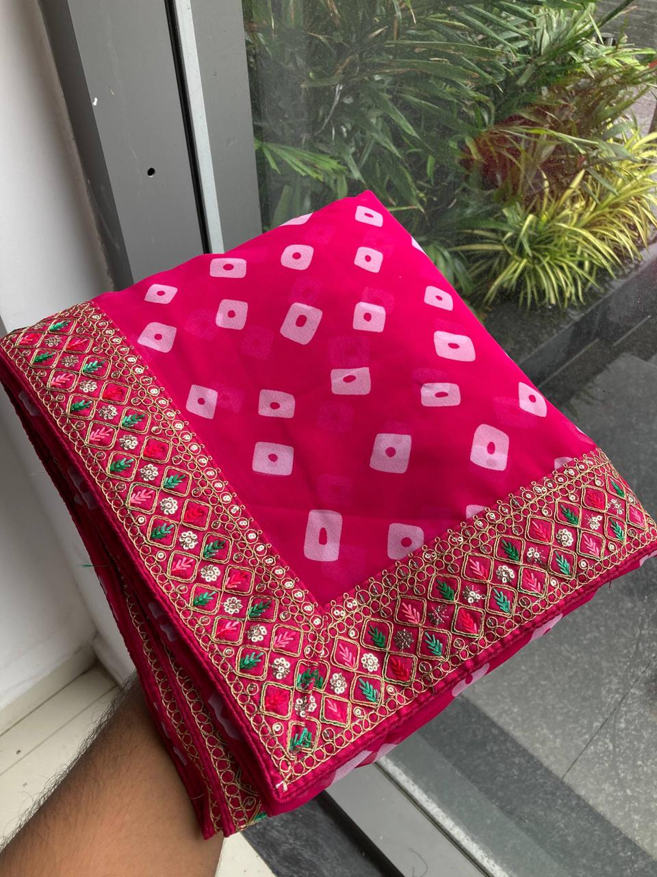 Bandhej Georgette Saree with Embroidered Lace Border and Designer Blouse