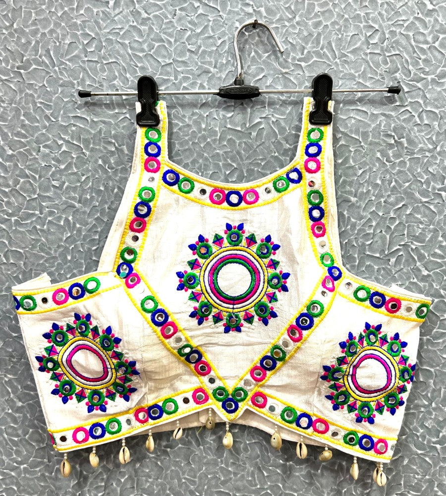 Sleeveless Mirror work Embroidered Blouse with Cowrie Shell work