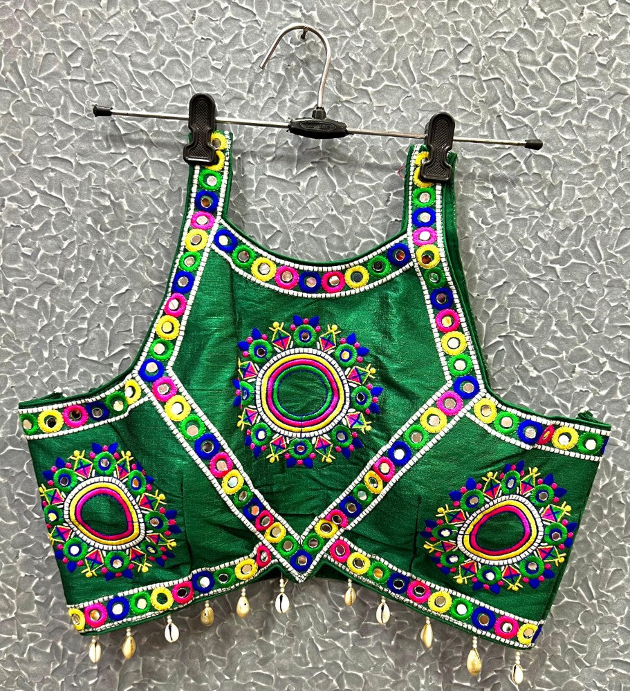 Sleeveless Mirror work Embroidered Blouse with Cowrie Shell work