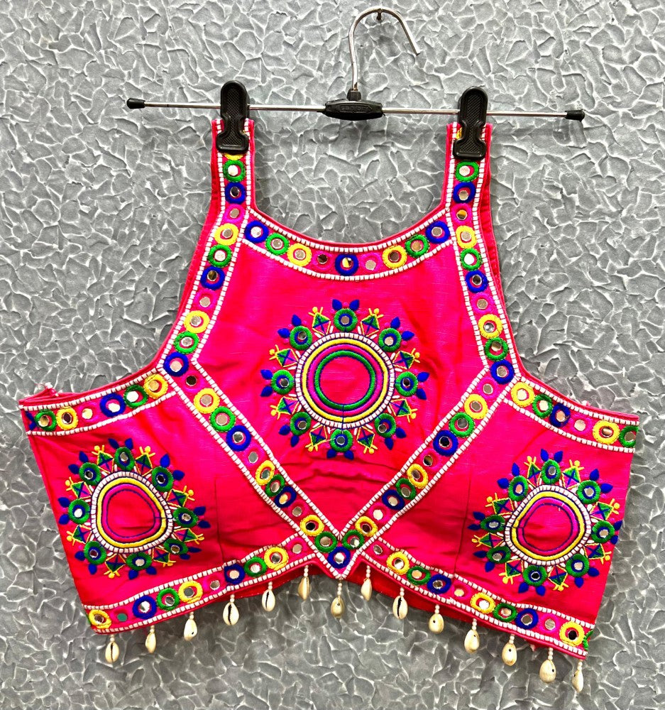 Sleeveless Mirror work Embroidered Blouse with Cowrie Shell work