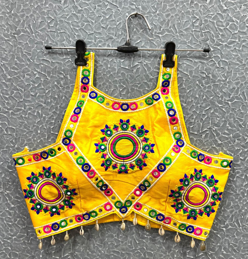 Sleeveless Mirror work Embroidered Blouse with Cowrie Shell work
