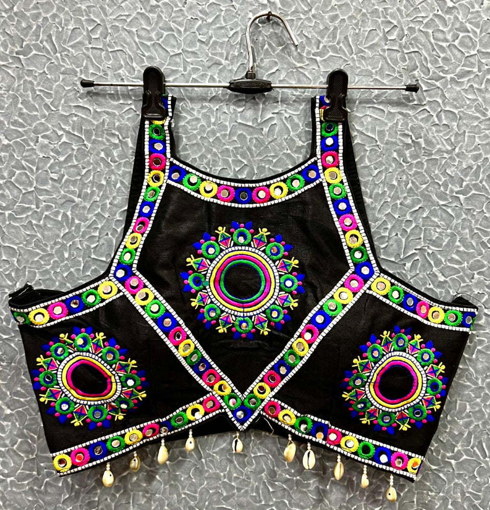 Sleeveless Mirror work Embroidered Blouse with Cowrie Shell work