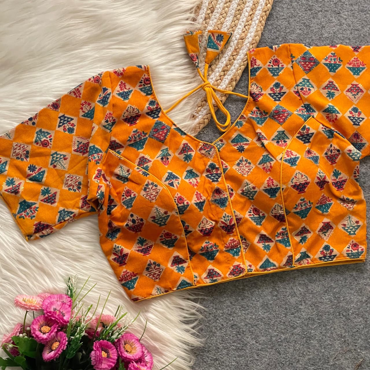 Cotton Printed Padded Designer Blouse – Front Open with Hook & Dori